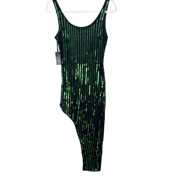 h:ours NWT Revolve Zafiro Sequin Green Iridescent Asymmetric Hem Midi Dress - Picture 6 of 10